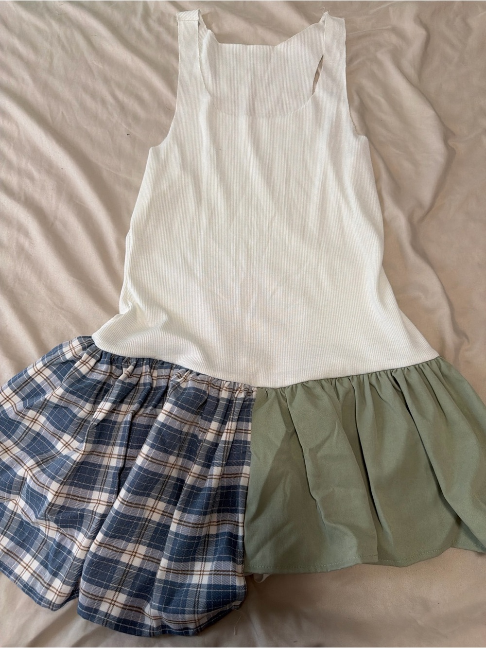 Girls' White Ribbed Tank Dress with Plaid & Olive Skirt Panels